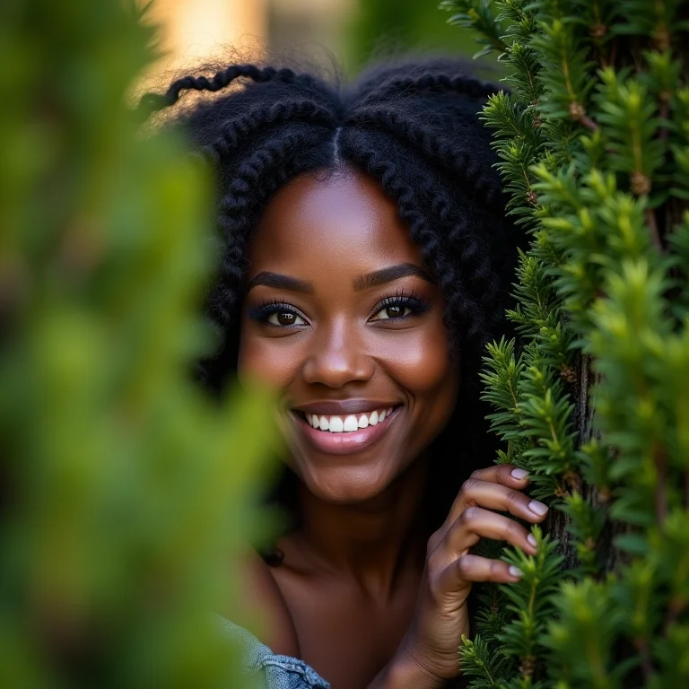 Mulher gorda escondida atrás de um arbusto.