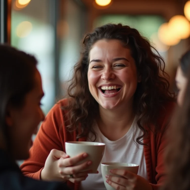 Mulher gorda rindo com amigos em uma cafeteria aconchegante.