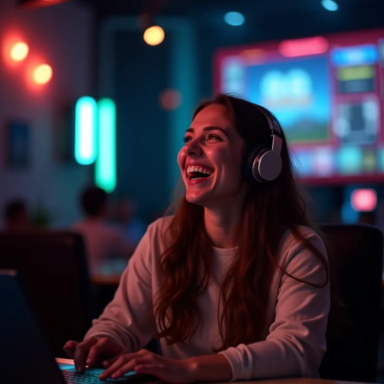 Mulher gorda rindo durante noite de jogos virtual