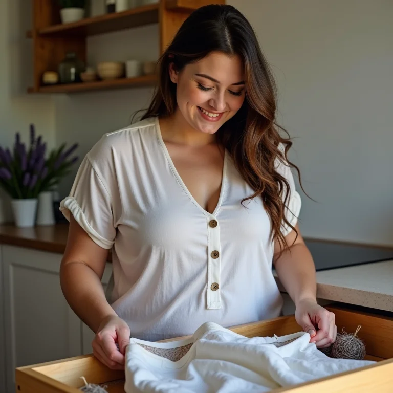 Mulher guardando vestido de viscose com sachês de lavanda.