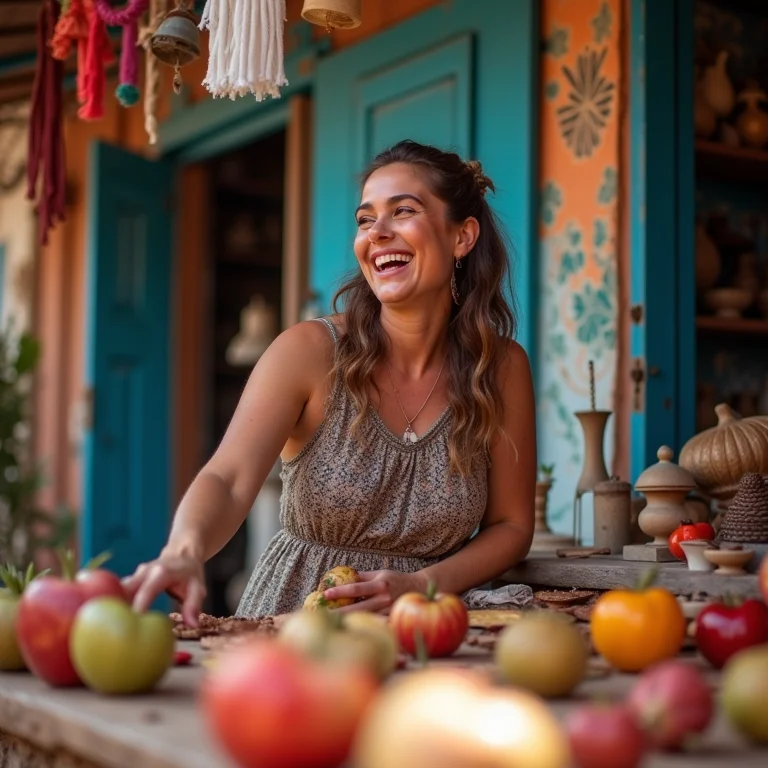 Mulher interagindo com artesãos locais em mercado vibrante.