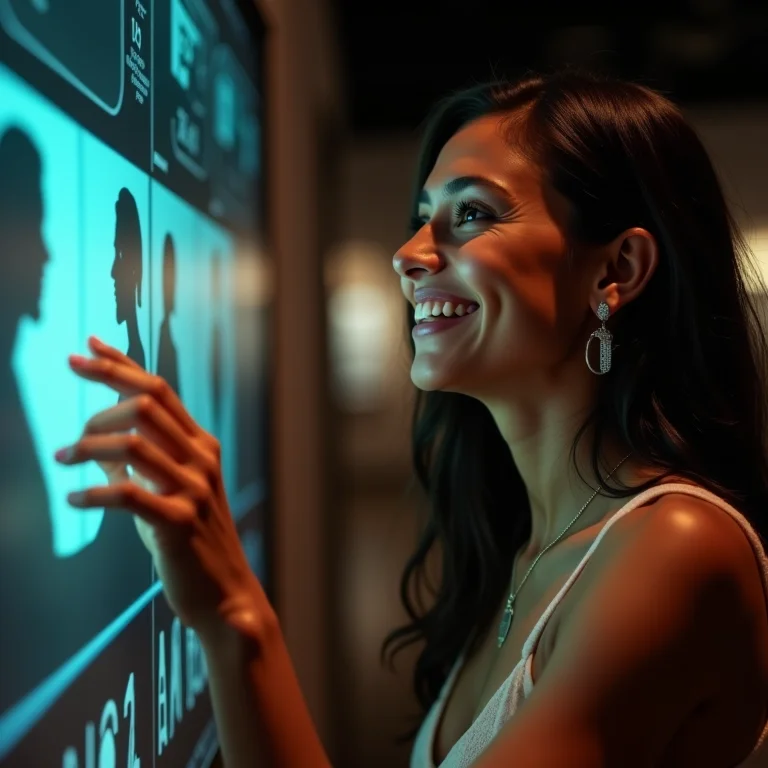 Mulher interagindo com exposição digital no Museu Cais do Sertão