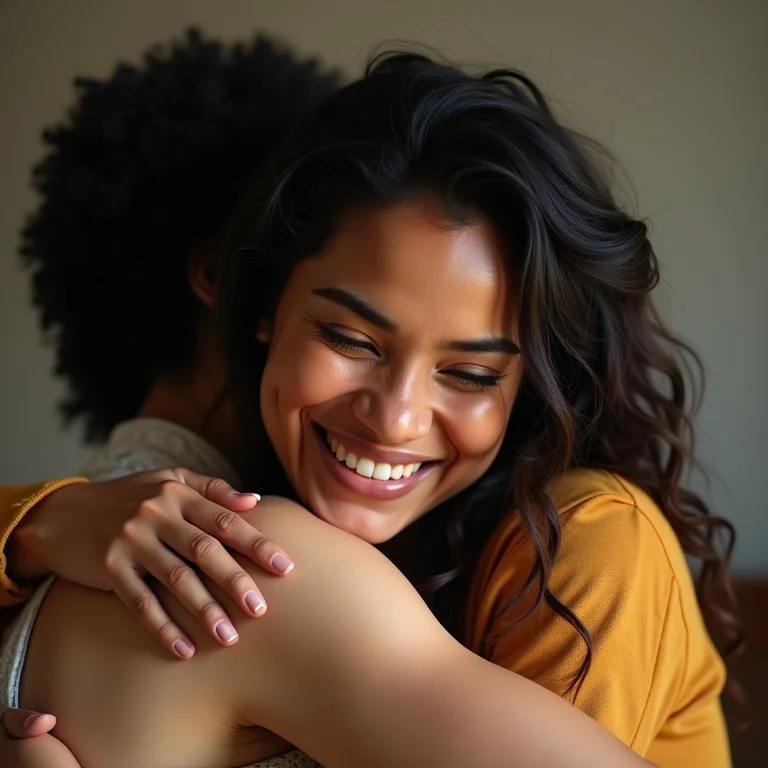 Mulher latina abraçando amiga.