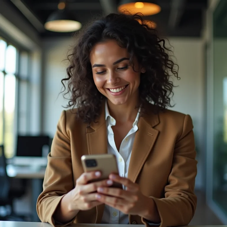 Mulher latina acessando app do banco no celular