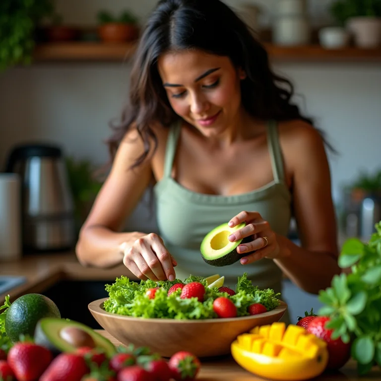 Mulher Latina adicionando ingredientes variados à salada de alface com manga