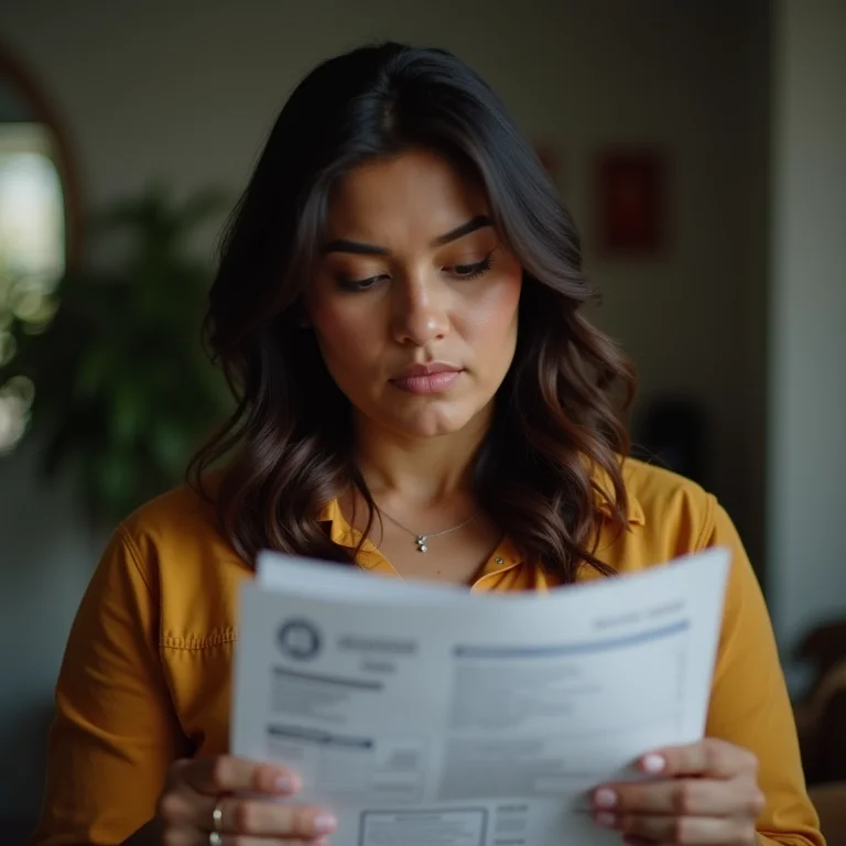 Mulher latina analisando extratos bancários, refletindo sobre a mudança do DOC para o TED.