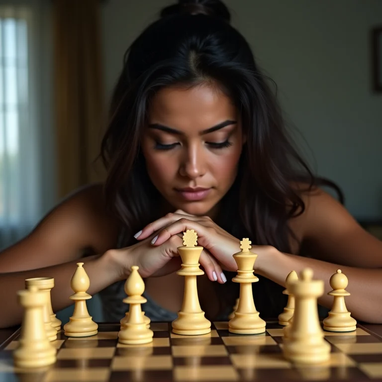 Mulher latina analisando um tabuleiro de xadrez, representando o uso de heurísticas para tomada de decisões.