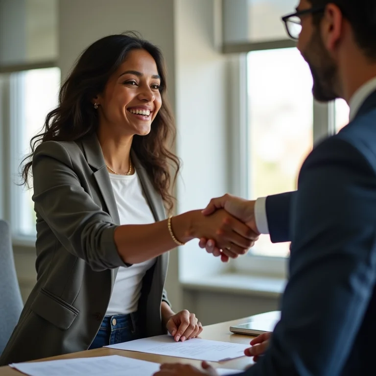 Mulher latina apertando a mão de outro profissional em escritório