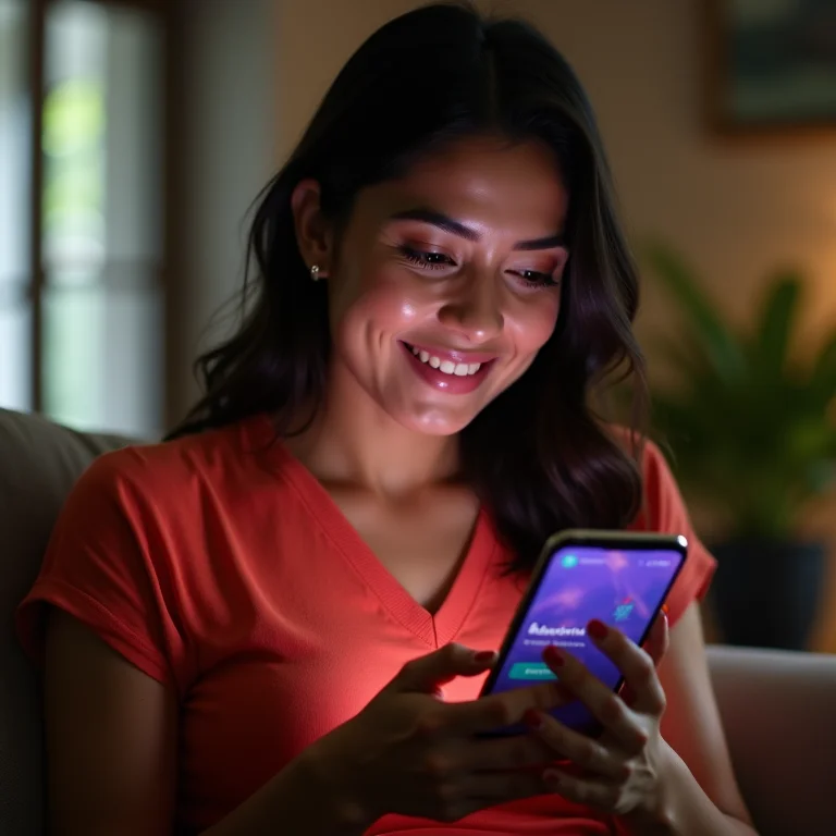 Mulher latina assistindo vídeos em celular com tela de alta qualidade