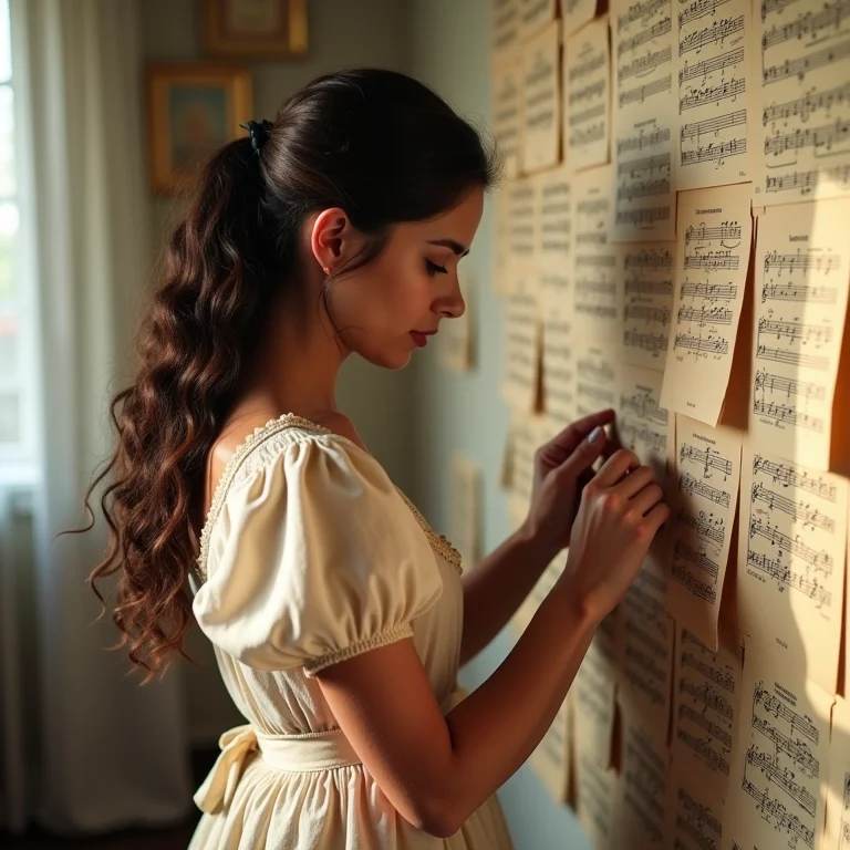 Mulher latina colando partituras na parede como papel de parede