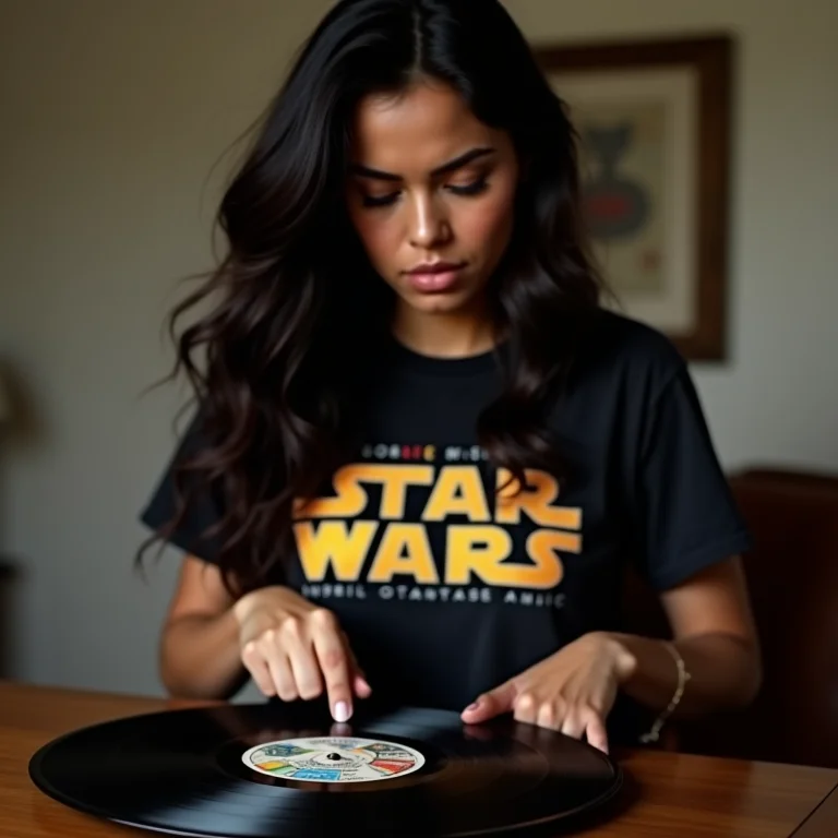 Mulher latina com camiseta de Star Wars e disco de vinil.
