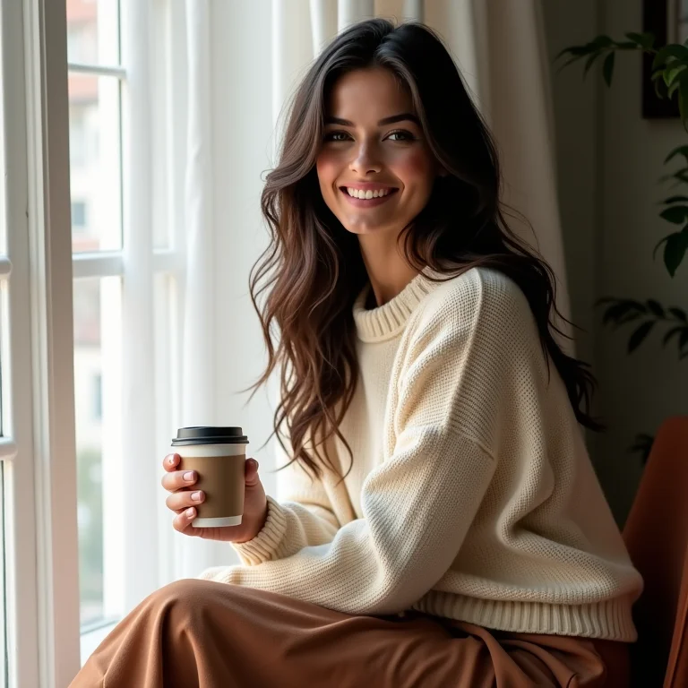 Mulher latina com suéter de tricô e saia midi.