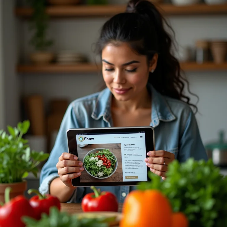 Mulher latina concentrada em receita do Gshow no tablet