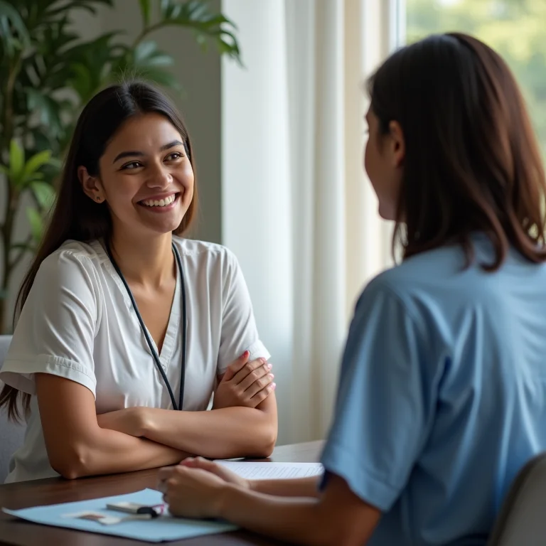 Mulher latina conversando com profissional de saúde sobre tratamento para parar de fumar.