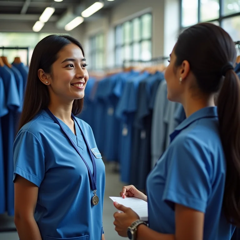Mulher latina conversando com vendedor em loja de uniformes