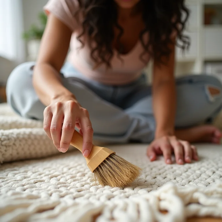 Mulher latina cuidando das franjas de um tapete de algodão