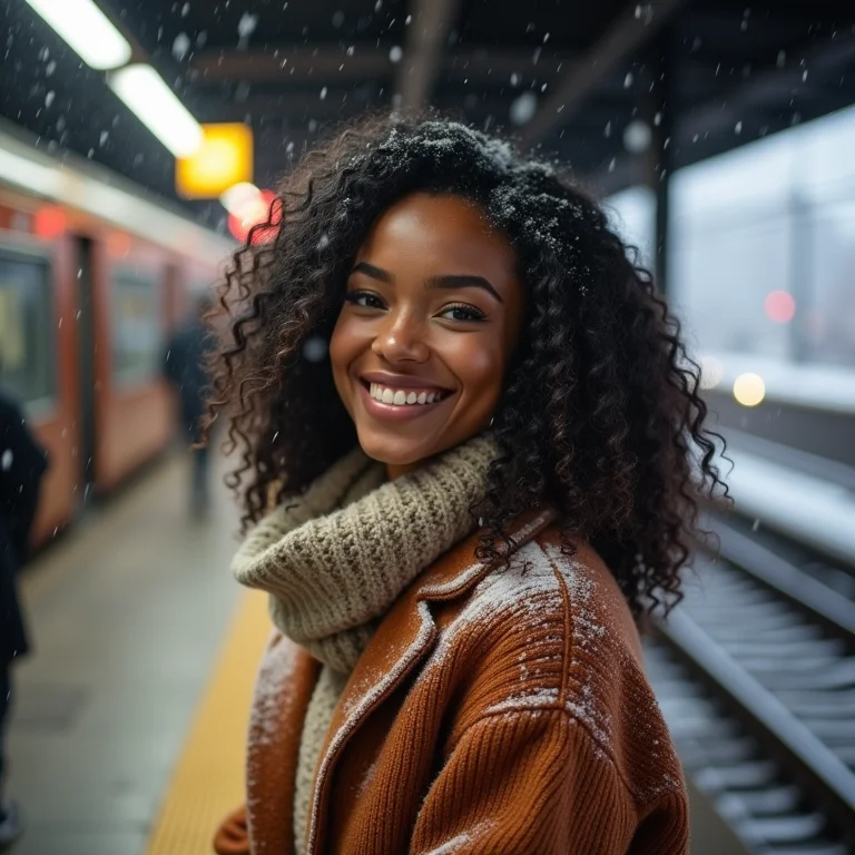 Mulher latina em frente a uma estação de trem, inspirada no filme 'Enquanto Você Dormia'.