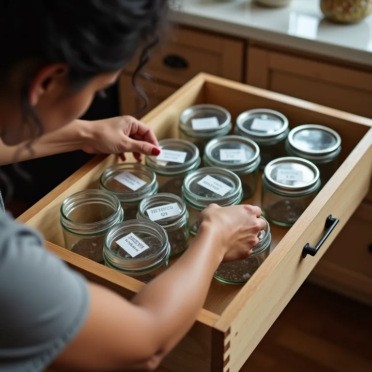 Mulher latina etiquetando potes de vidro organizados