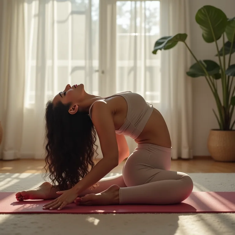 Mulher latina fazendo alongamento de gato-camelo para a coluna