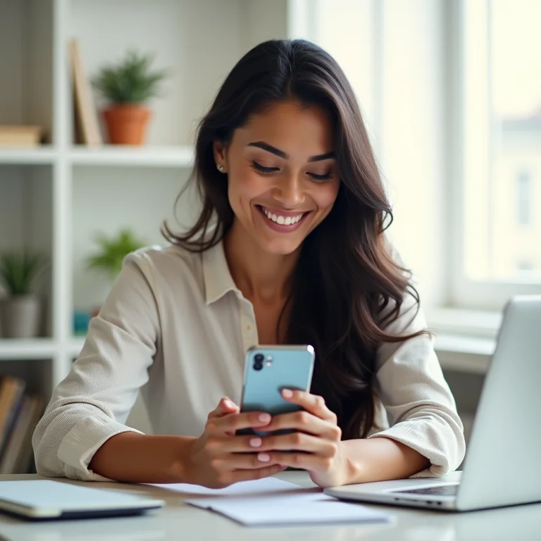 Mulher latina fazendo backup de fotos do celular para disco rígido externo e nuvem