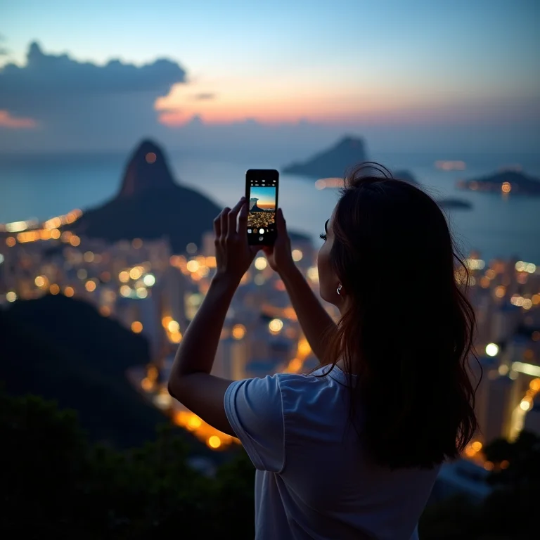 Mulher latina fotografando vista panorâmica do Rio
