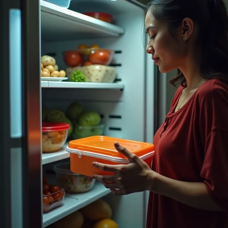 Mulher latina guardando a marmita na geladeira do trabalho