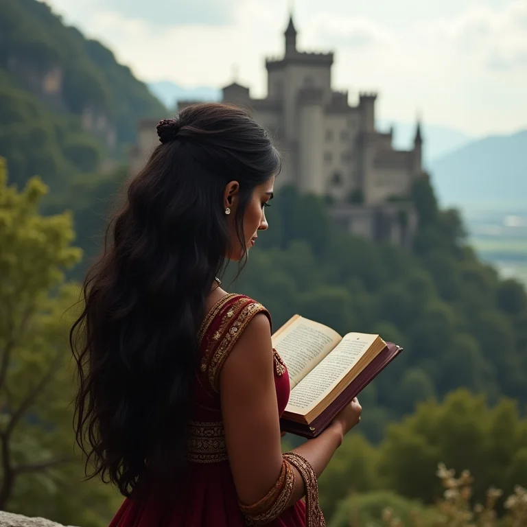 Mulher latina lendo Trono de Vidro com castelo ao fundo