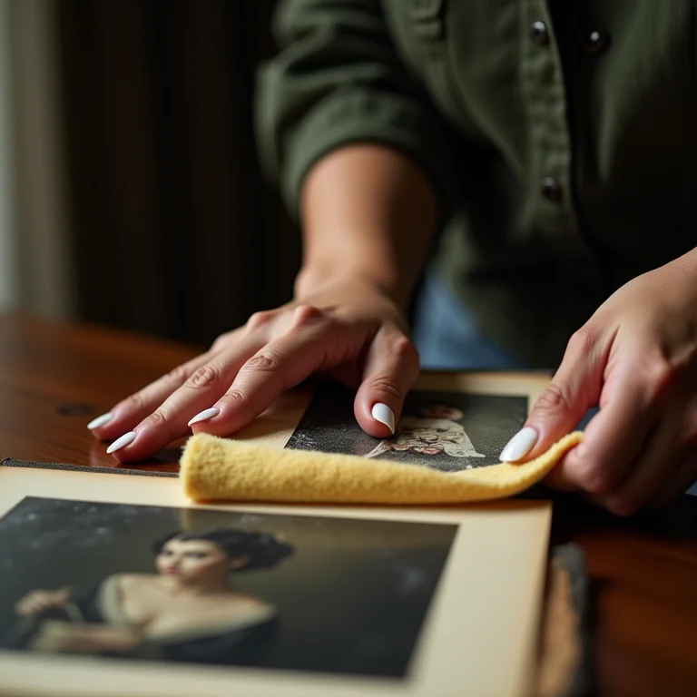Mulher latina limpando fotos antigas.