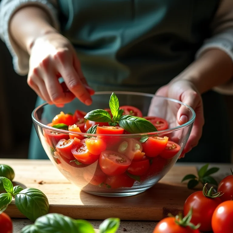 Mulher latina montando salada de tomate e manjericão