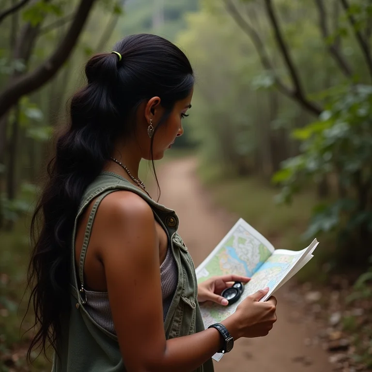 Mulher latina olhando mapa e bússola em Cunha