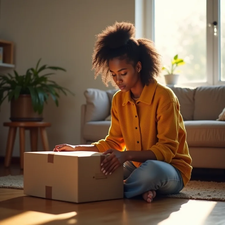 Mulher latina olhando para pacote devolvido