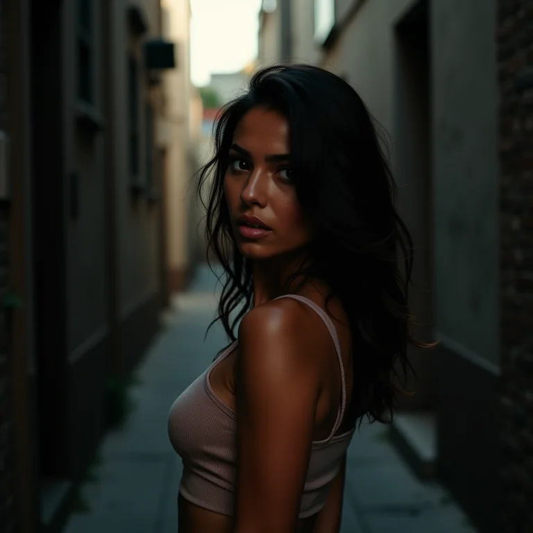 Mulher latina olhando para trás com medo e determinação em um beco escuro, representando a luta contra o mal em 'Halloween Ends'.