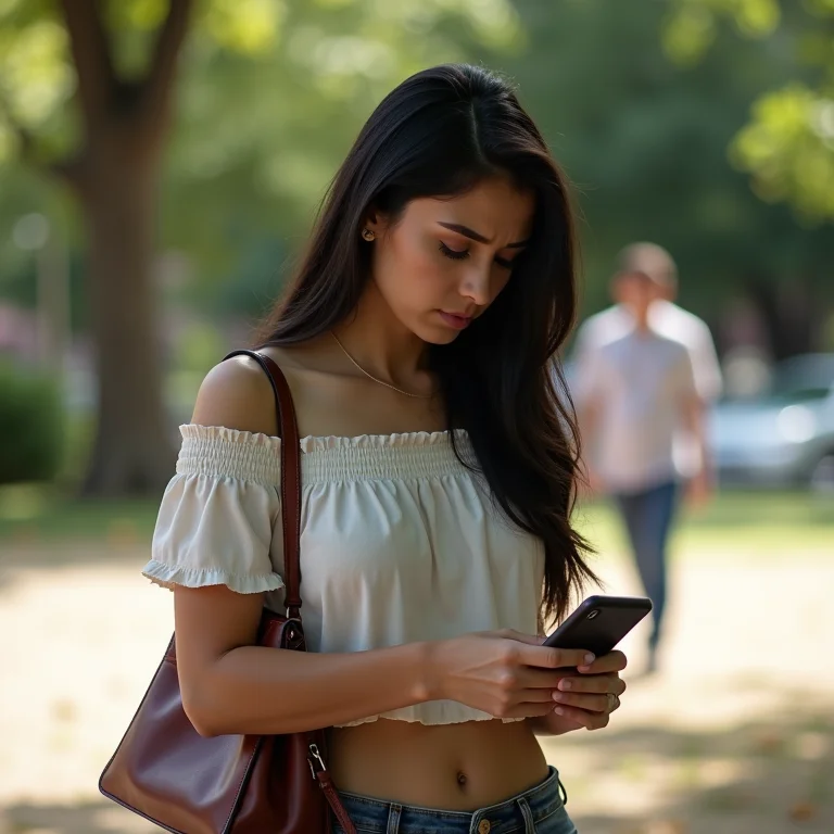 Mulher latina percebendo que sua carteira foi roubada