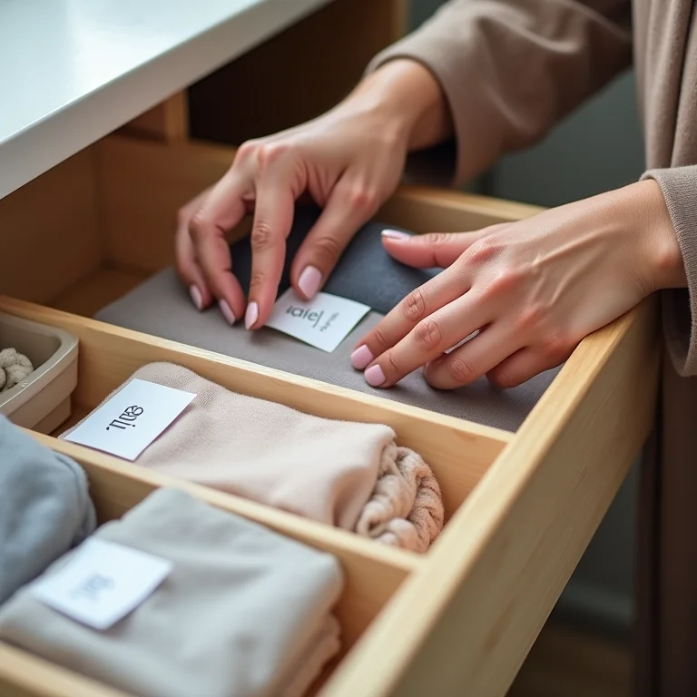 Mulher latina personalizando organizadores de gaveta com etiquetas.