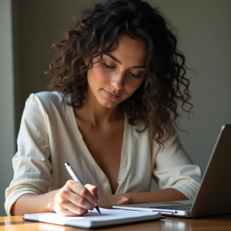 Mulher latina planejando finanças com calculadora e notebook.