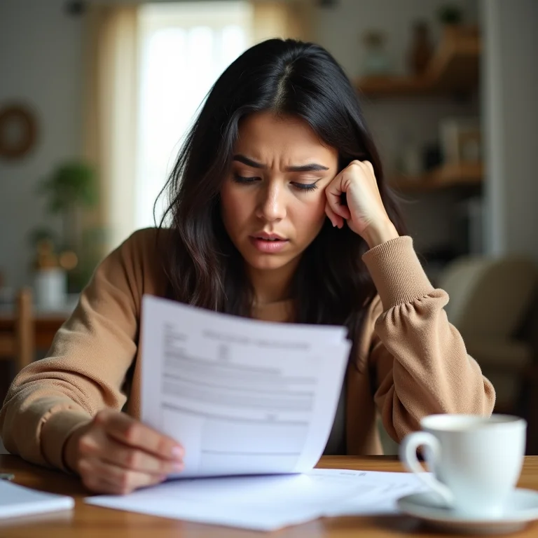 Mulher latina preocupada analisando renda familiar para qualificação em benefício social