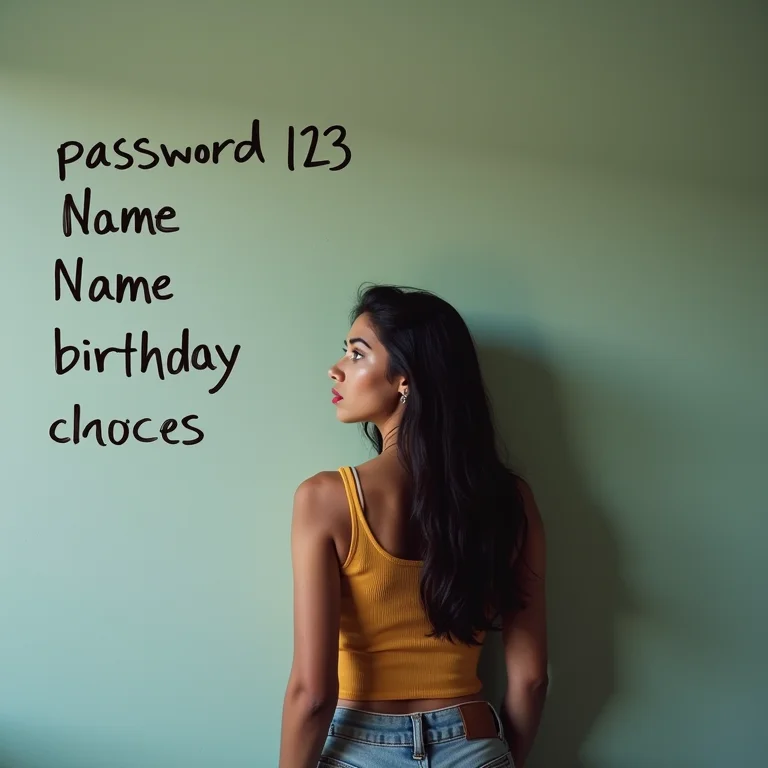 Mulher latina preocupada olhando para senhas óbvias