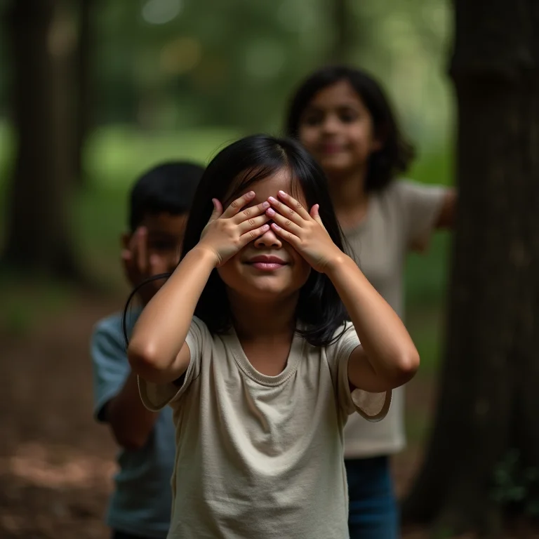 Mulher latina procurando crianças no esconde-esconde.