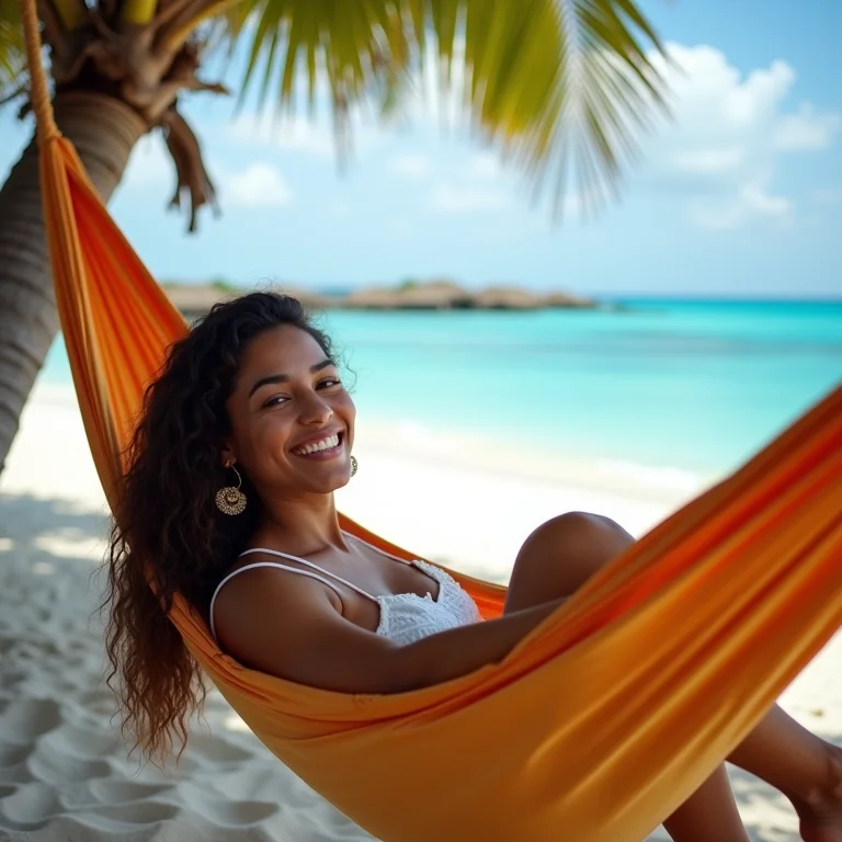 Mulher latina relaxando em uma rede nas paradisíacas Corn Islands, Nicarágua.
