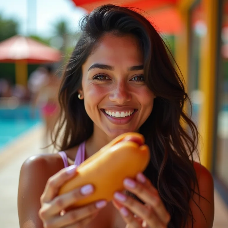 Mulher latina saboreando um hot dog no Wet'n Wild SP