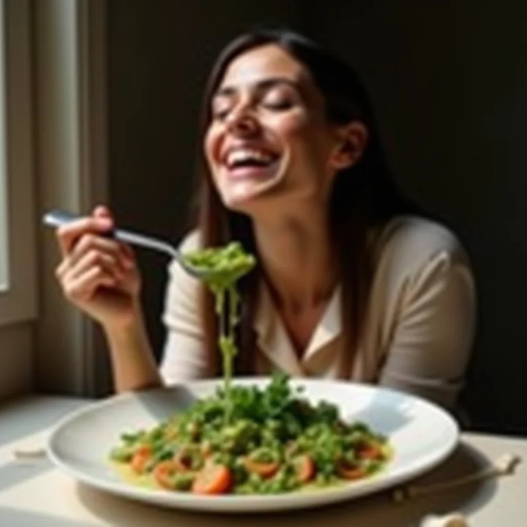 Mulher latina saboreando um prato com molho pesto caseiro.