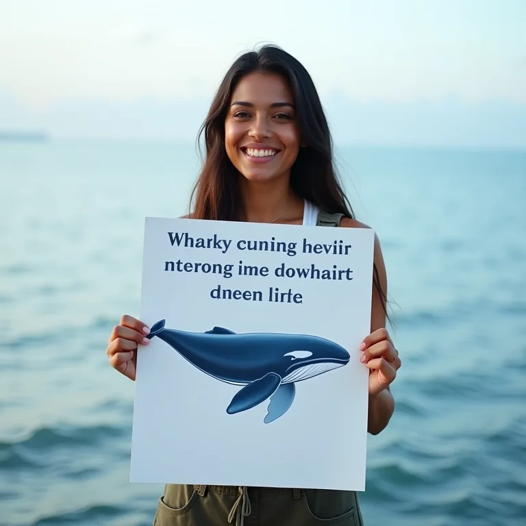 Mulher latina segurando placa sobre turismo responsável de observação de baleias