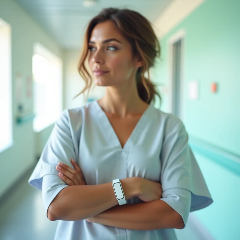 Mulher latina segurando pulseira de identificação hospitalar