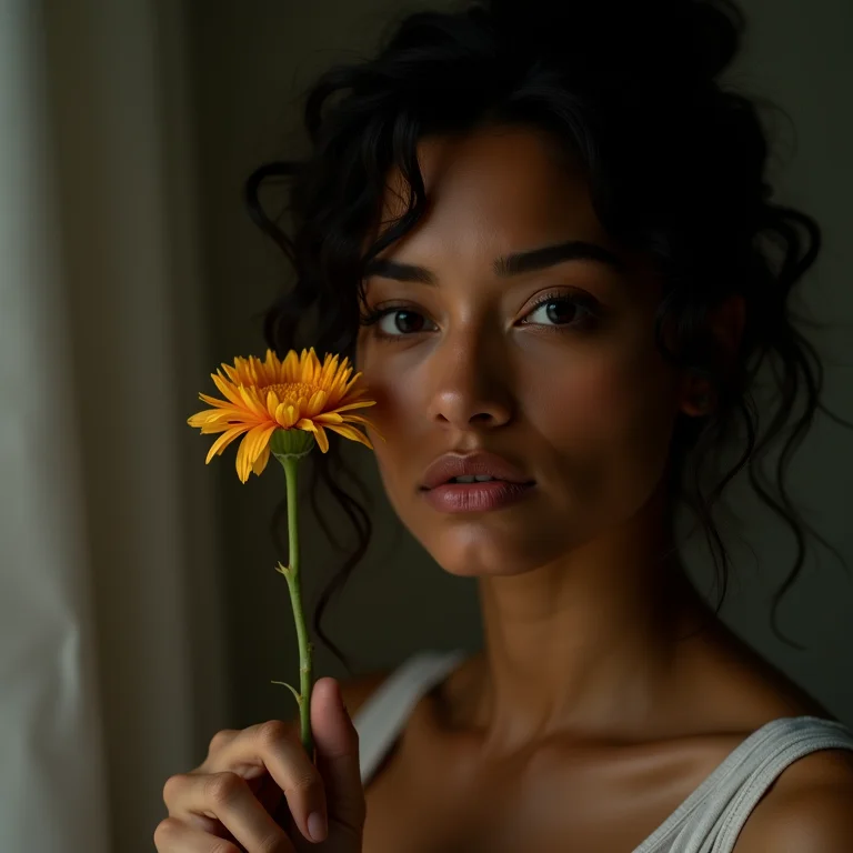 Mulher latina segurando uma flor murcha, representando a empatia com a vítima.