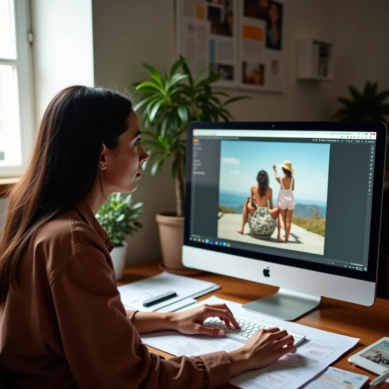 Mulher latina selecionando imagens de bancos de imagens gratuitos