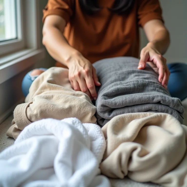Mulher latina separando roupas de linho por cor.