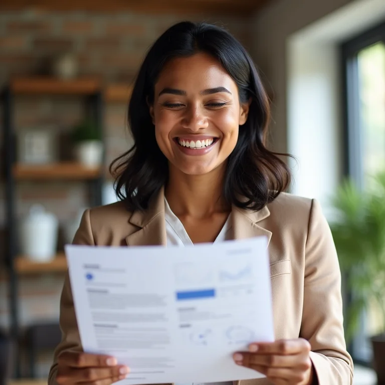 Mulher latina sorrindo ao analisar relatório de negócios.
