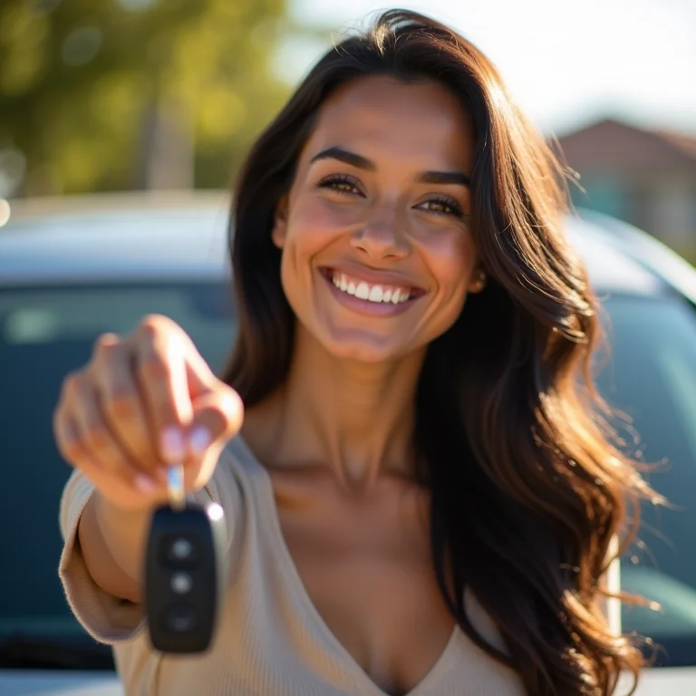 Mulher latina sorrindo ao receber um upgrade gratuito no carro alugado.
