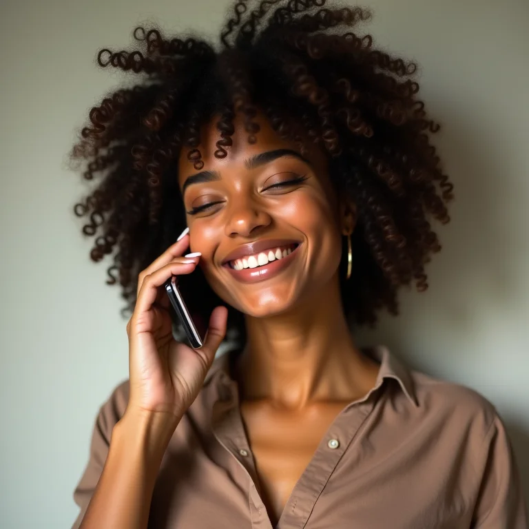 Mulher latina sorrindo ao telefone