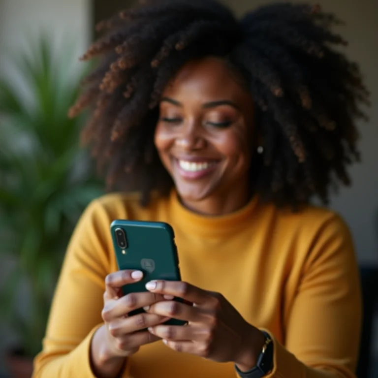 Mulher latina sorrindo com contato internacional adicionado no WhatsApp
